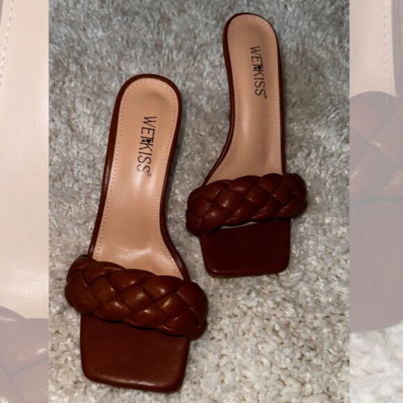 Wet Kiss Womens Size 8 Block High Heels Slip On Square Toe Braided Sandals Brown - Picture 1 of 4
